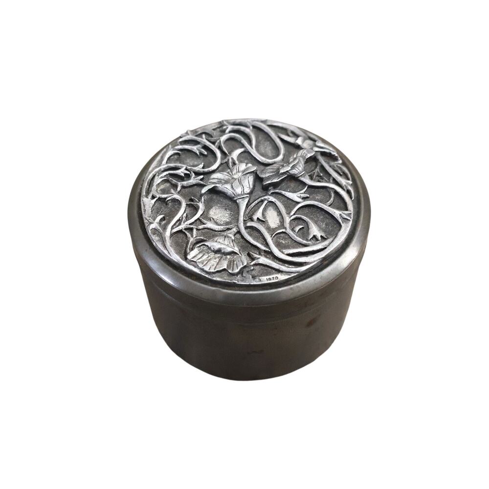 Vintage Pewter 3D Floral Vines Round Tin Canister Jar Decor 70s 1979 Boho Retro